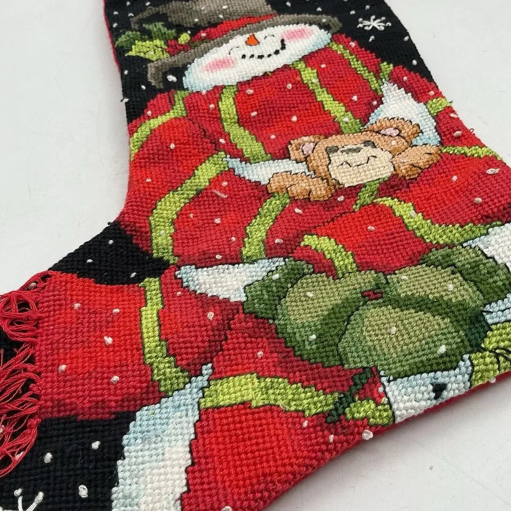 Handmade Needlepoint Christmas Stocking Snowman Teddy Bear 15” Red Felt Back